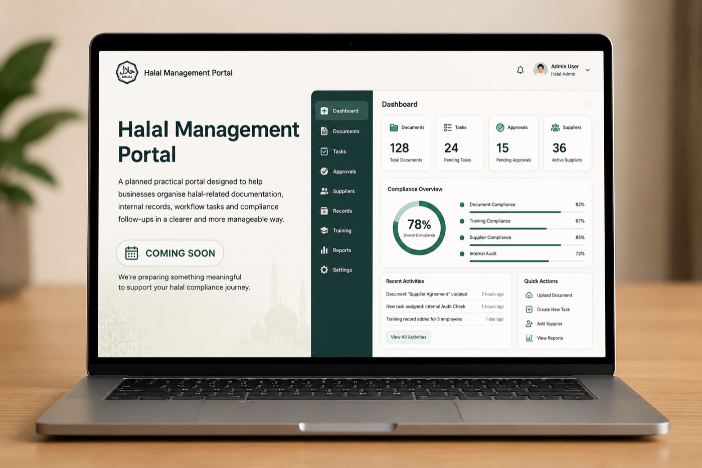 Halal Management Portal dashboard shown on a laptop